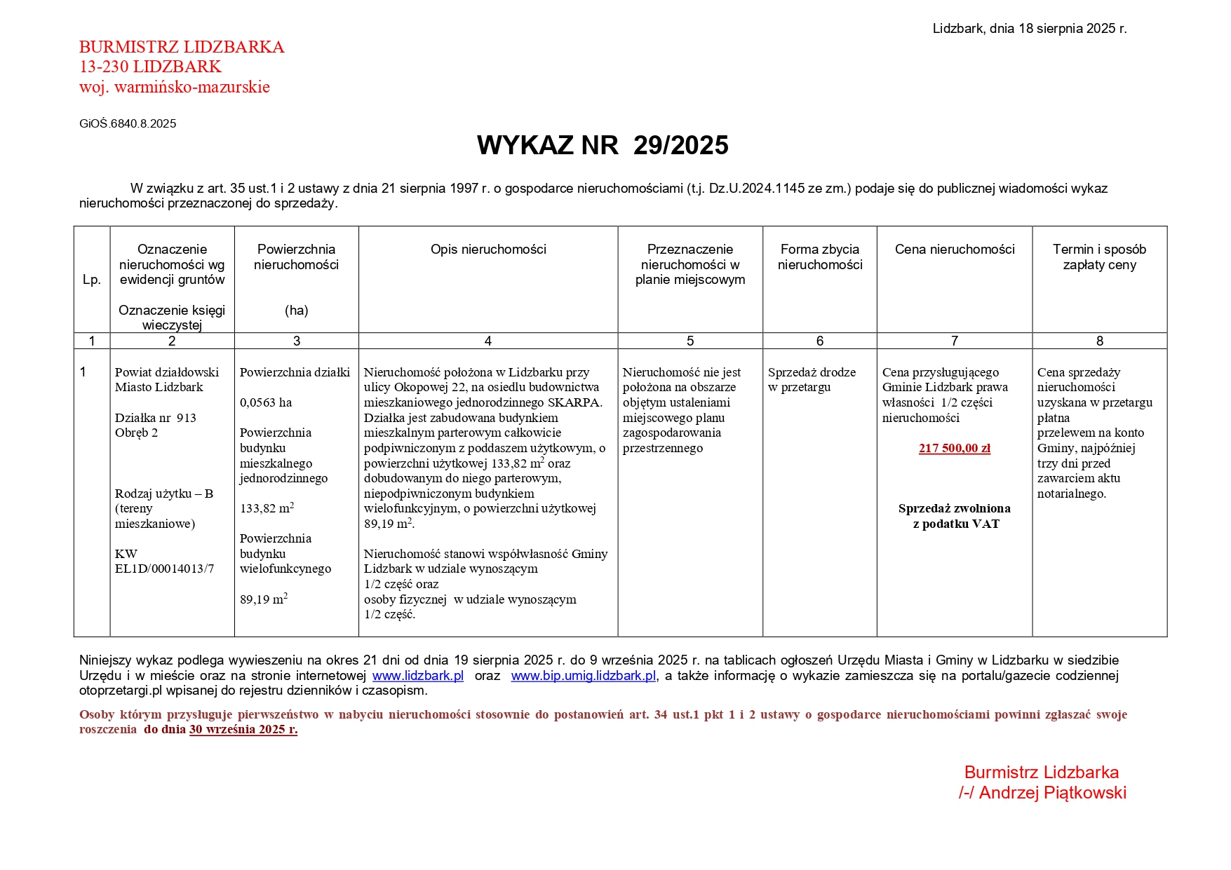 Wykaz Nr 29/2025 - Nieruchomość lokalowa do sprzedaży - Lidzbark, ul. Okopowa dz. nr 913 obr. 2